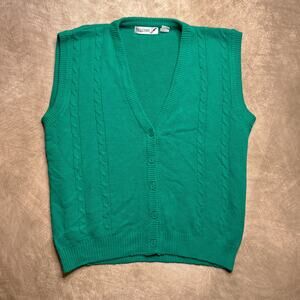 Vintage 90s Collections Cable Knit Sweater Vest Green V Neck Sleeveless Holiday